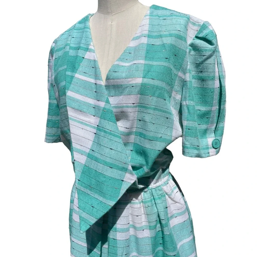 Vintage 80s Jackie Taub Aqua White Plaid Asymmetric Aline Day Dress Size 12 - Picture 2 of 6